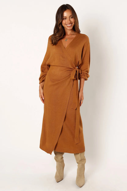 Nova Wrap Knit Midi Dress Camel