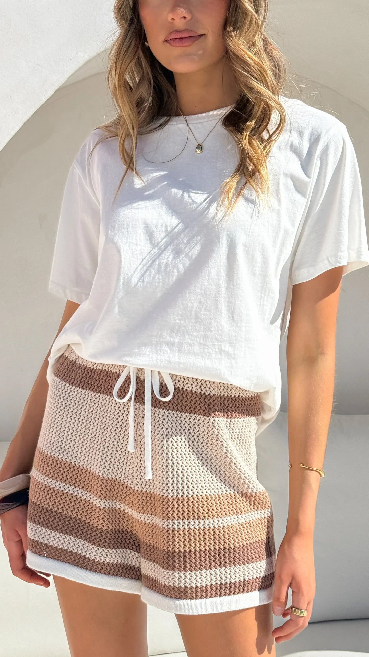 Janella Knit Shorts Natural Cream Stripe