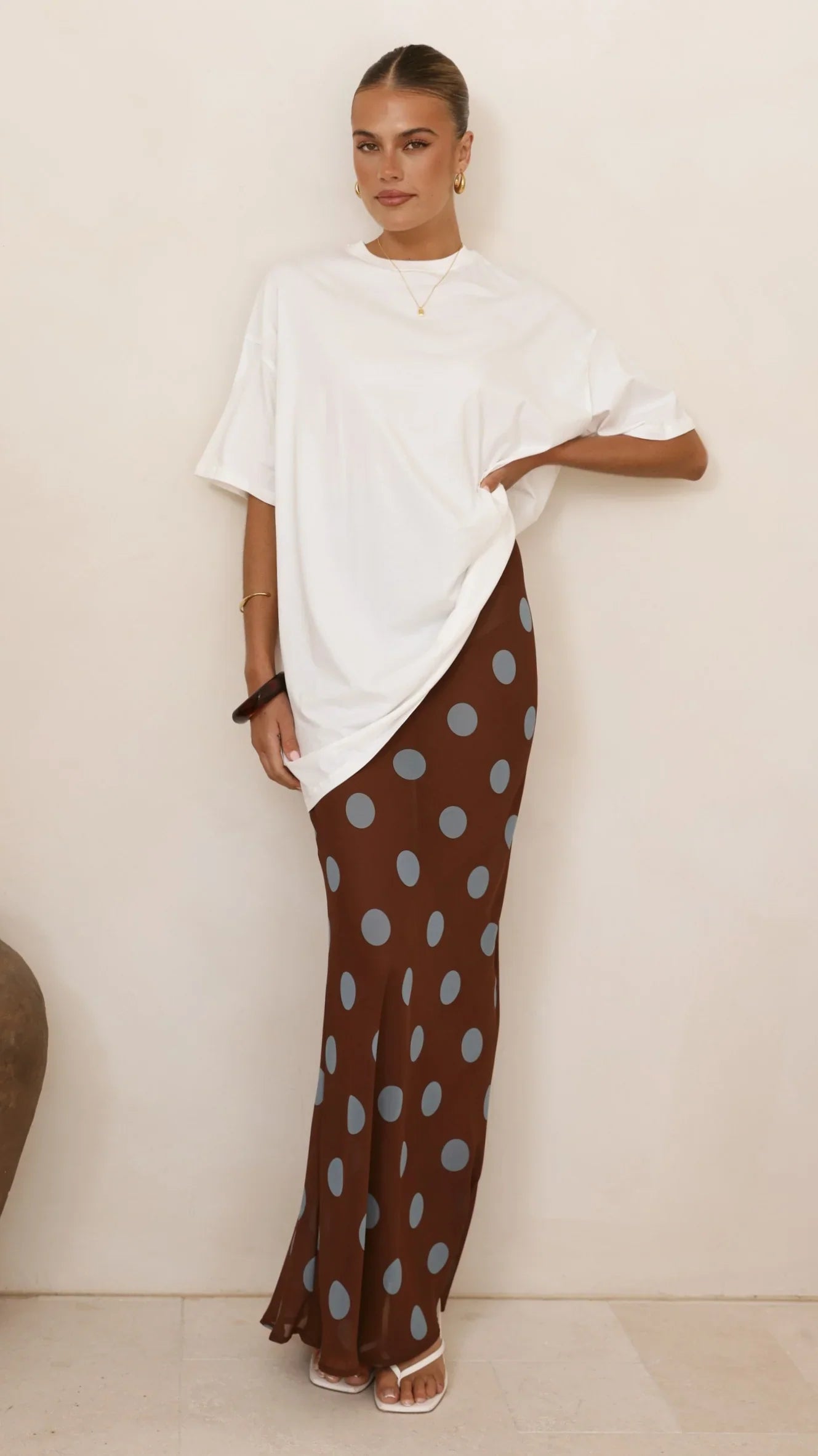 Yumi Oversized Tee and Sheer Skirt Set White Brown Blue Polka