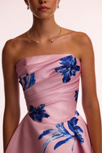 Dainty pink A line maxi dress with blue flowered pattern Glow Up