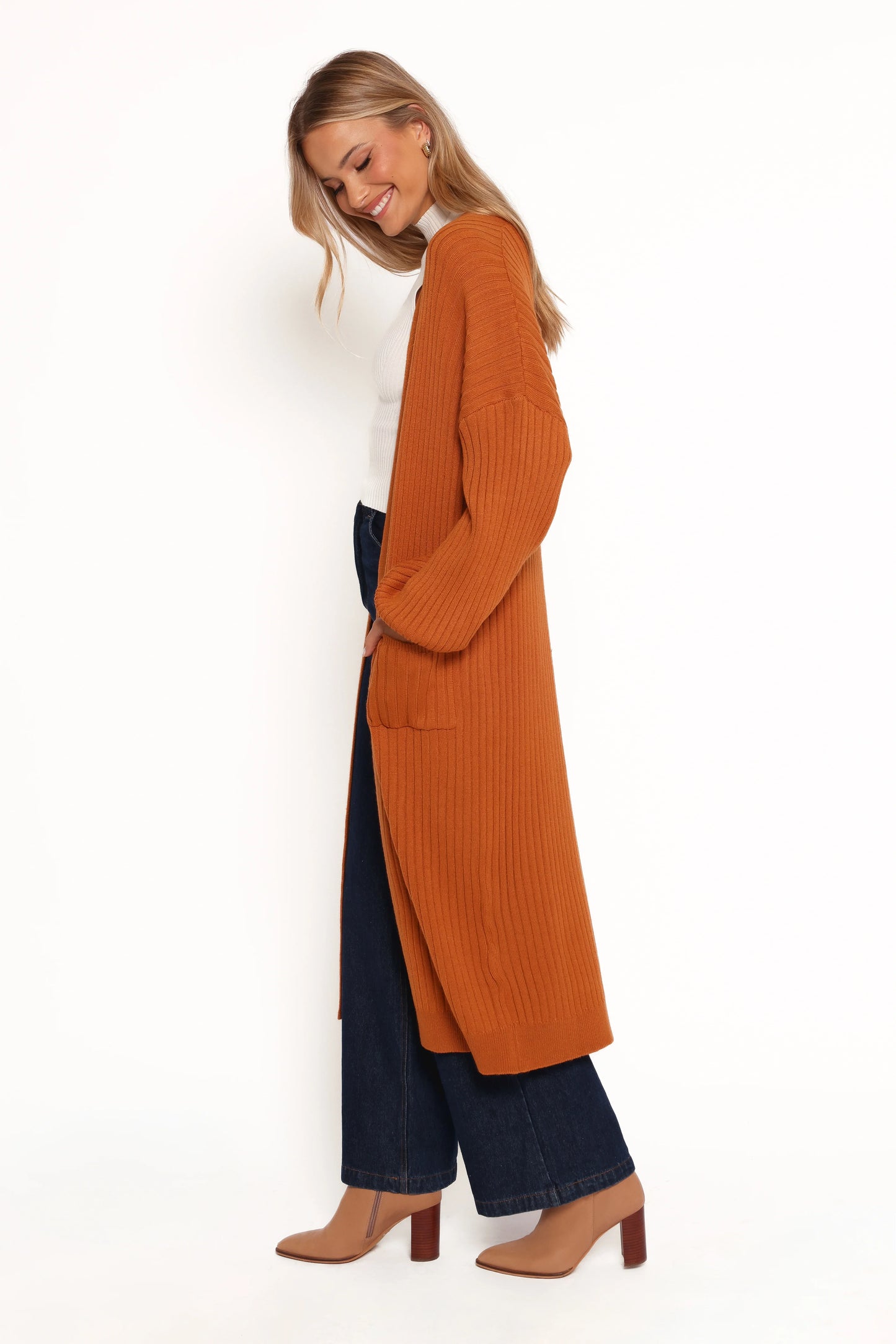 Makenna Long Open Front Cardigan Rust