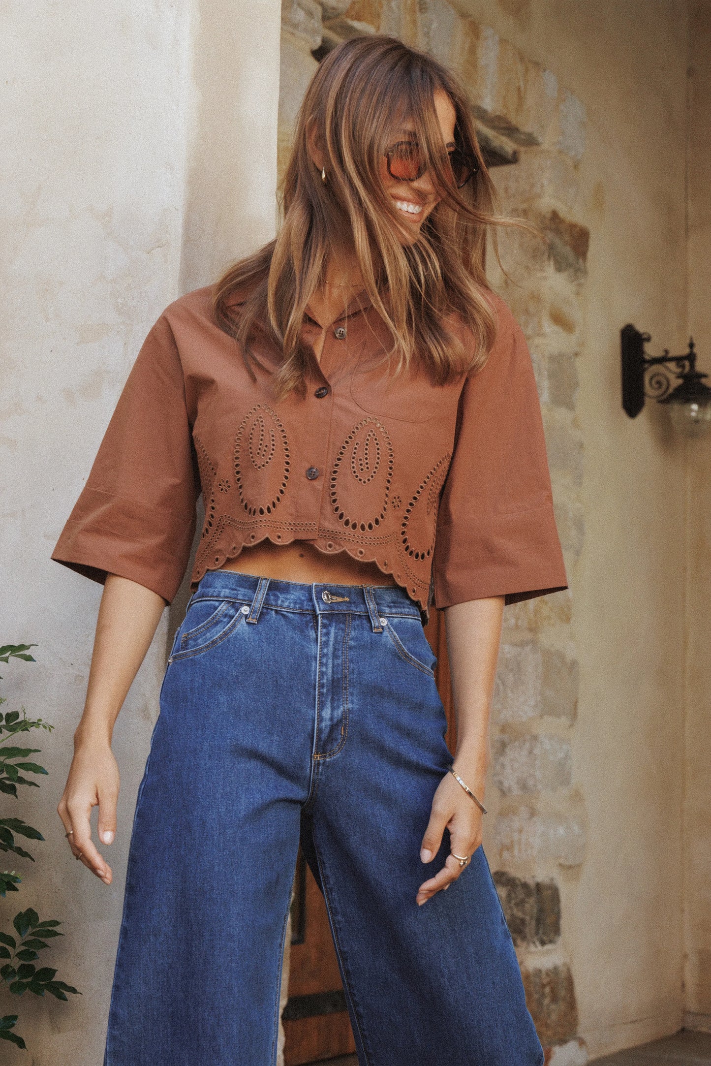 Williams Cropped Eyelet Button Up Shirt Brown
