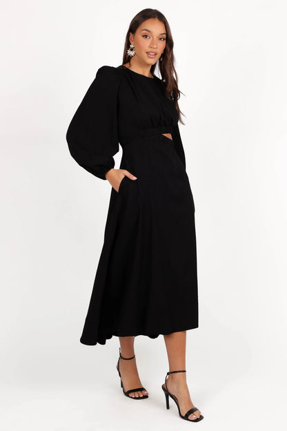 Ginnee Puff Sleeve Cutout Midi Dress Black