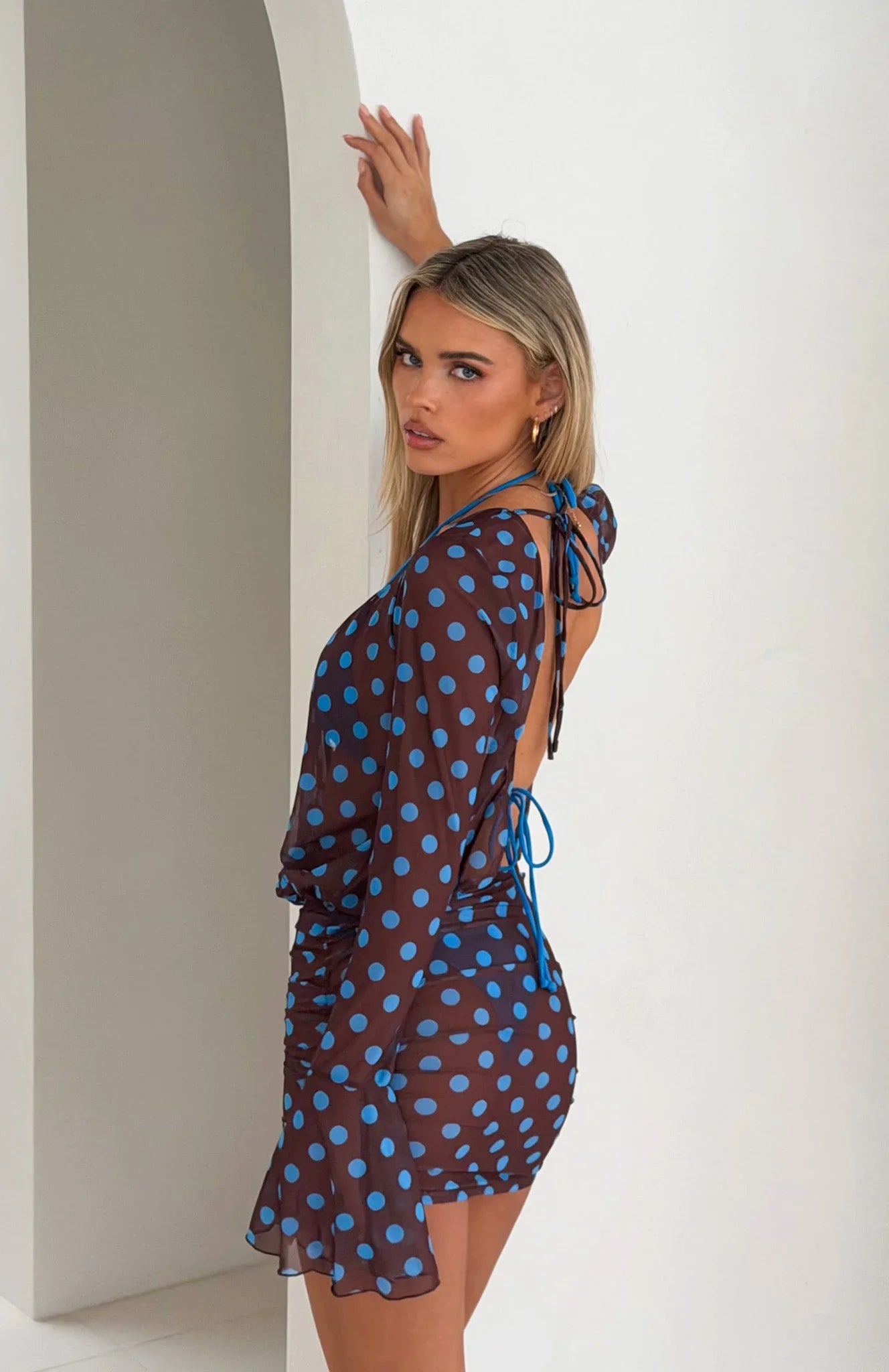 Half Moon Long Sleeve Mini Dress Choc Blue Polka Dot