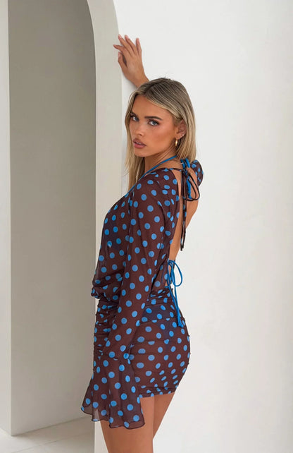 Half Moon Long Sleeve Mini Dress Choc Blue Polka Dot