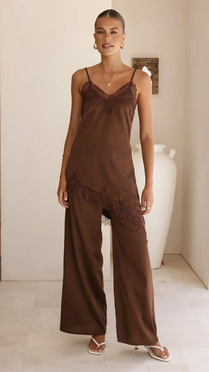 Hayleigh Asymmetrical Top and Pants Set Chocolate Lace