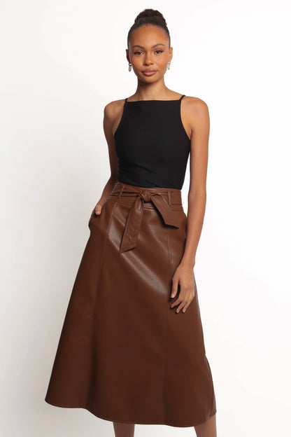 Adaline Faux Leather Midi Skirt Brown