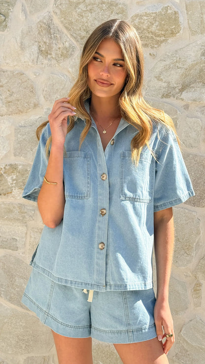 Adia Top and Shorts Set Light Blue Denim