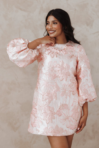 Treloar Long Sleeve Mini Dress Pink Brocade