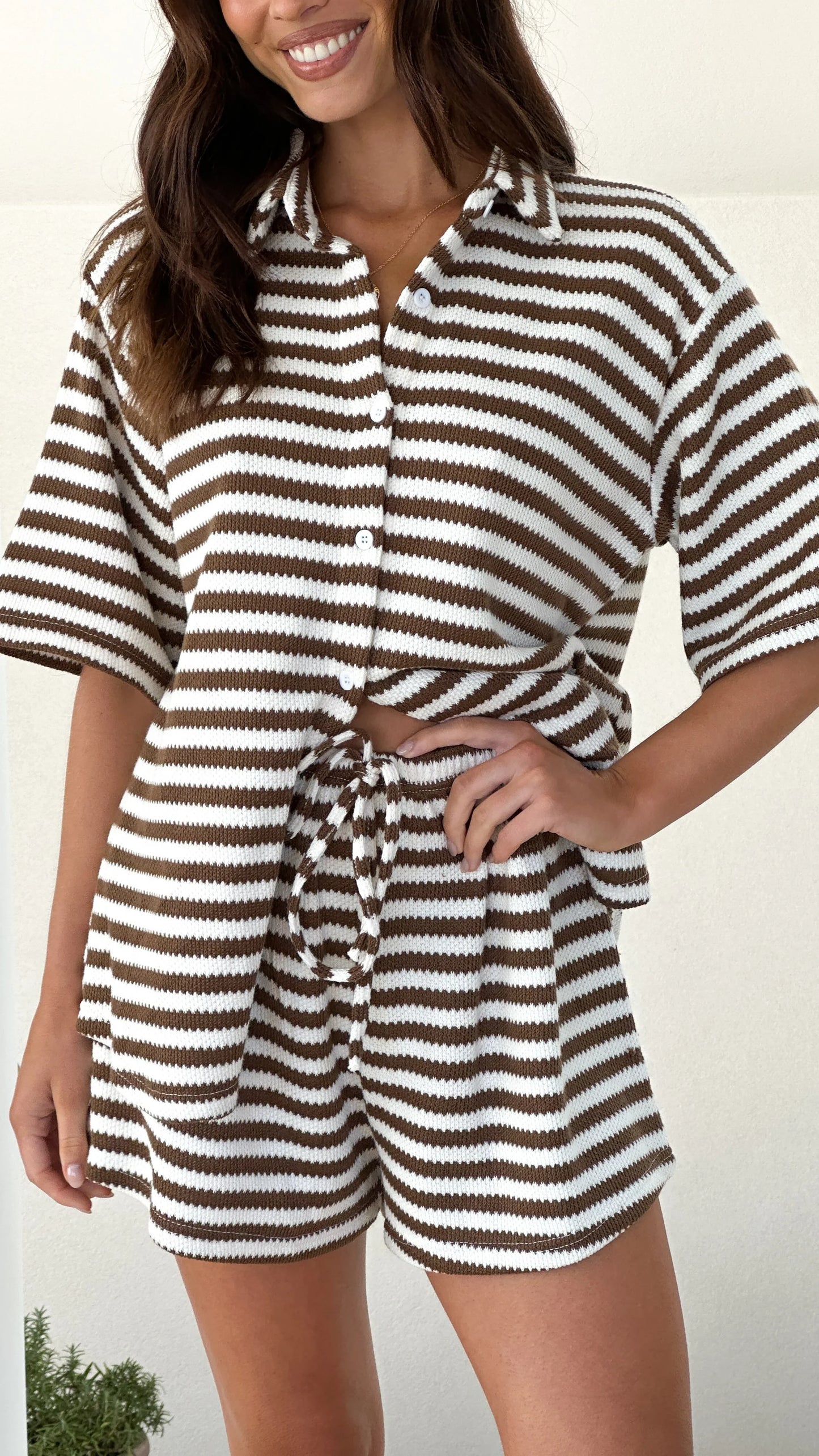 Romi Shirt and Shorts Set Brown Stripe
