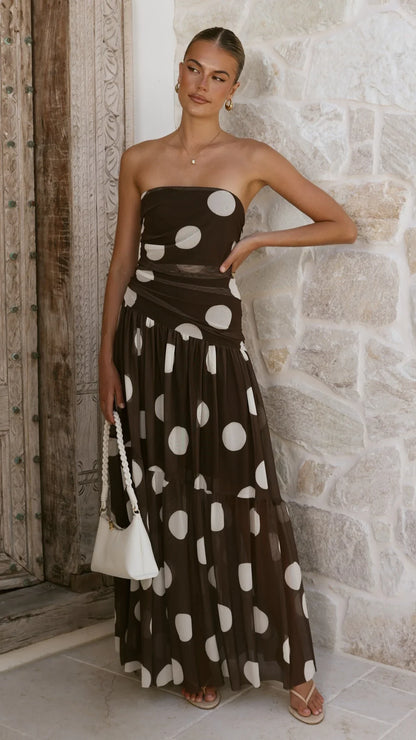 Riko Strapless Maxi Dress Chocolate Macro Polka