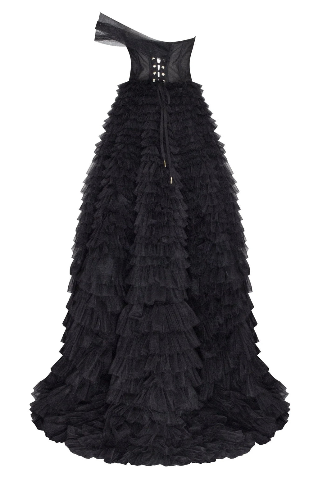 Timeless one shoulder frill layered ball gown in black