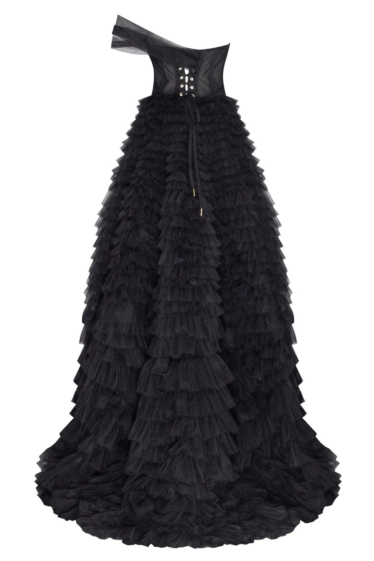 Timeless one shoulder frill layered ball gown in black