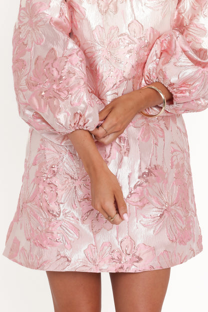 Treloar Long Sleeve Mini Dress Pink Brocade