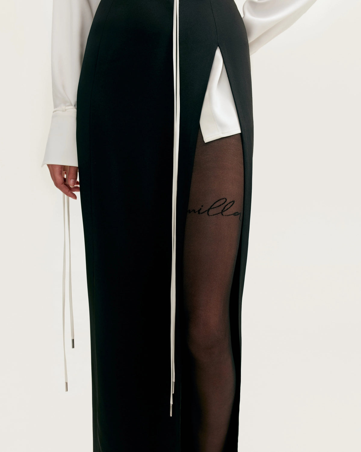 Elegant 3 piece set with white silk blouse white mini skirt and black crepe maxi skirt Xo Xo