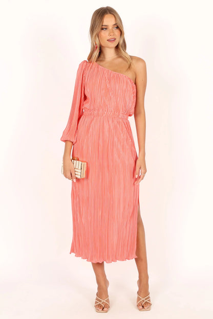 Pontee One Shoulder Pleated Midi Dress Coral