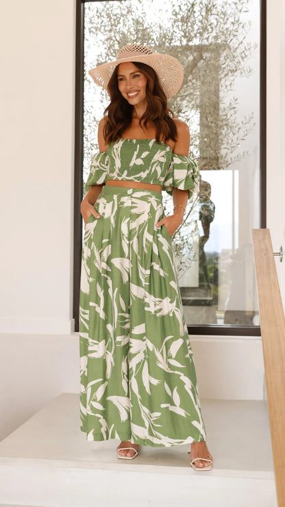 Callison Crop Top and Pants Set Green Print