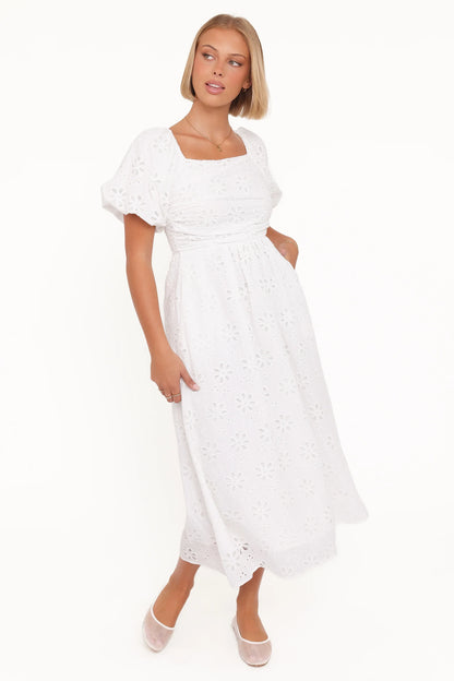 Clo Puff Sleeve Midi Dress White Broderie