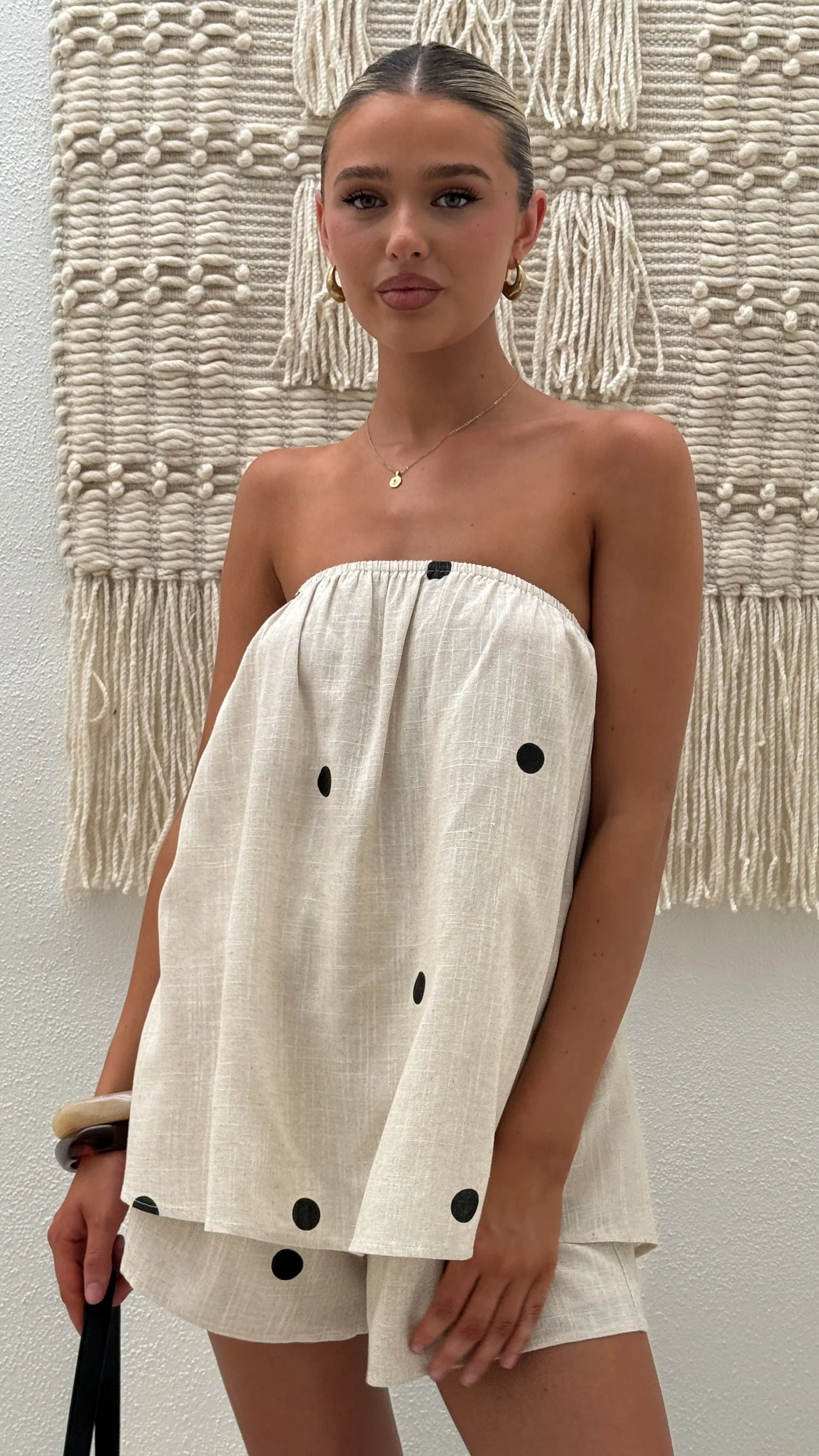 Calliope Strapless Top and Shorts Set Oat Black Polka Dot