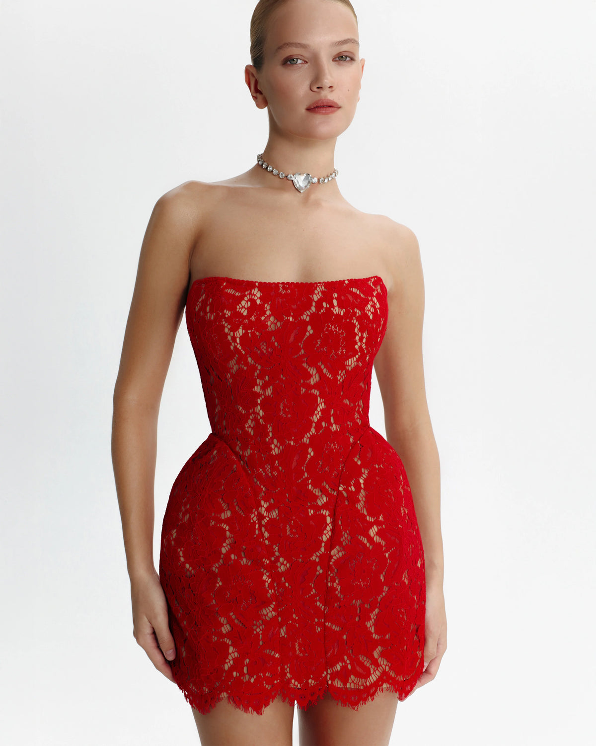 Fitted red lace mini dress