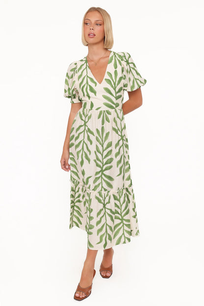 Steele Puff Sleeve Midi Dress Green Palm