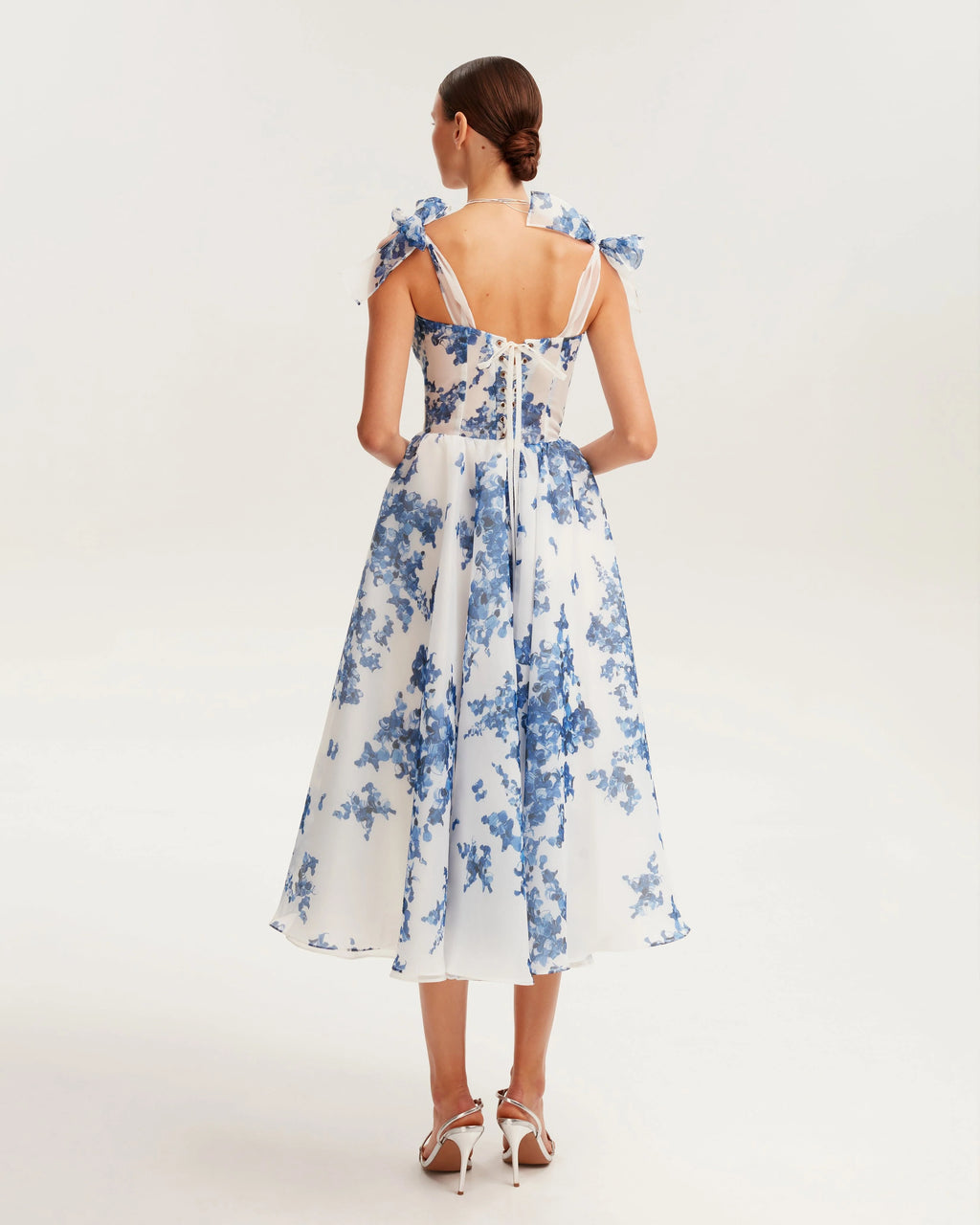 Charming blue hydrangea patterned organza midi dress Garden of Eden