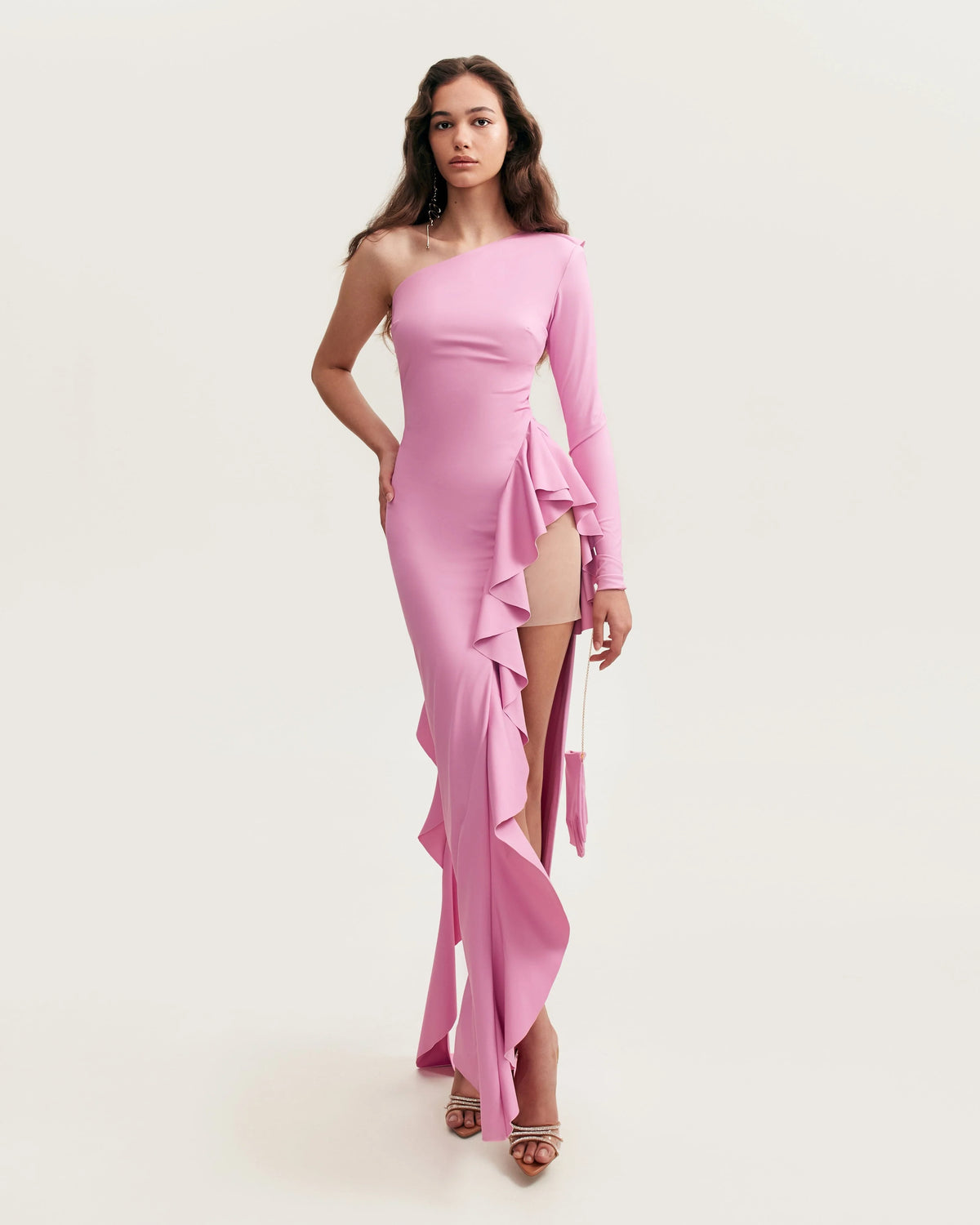 One shoulder ruffle trimmed maxi dress in pink Xo Xo
