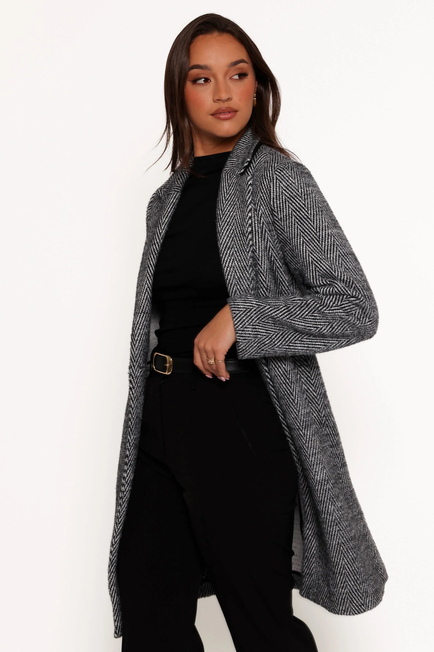 Nicoletta Single Button Herringbone Coat Black