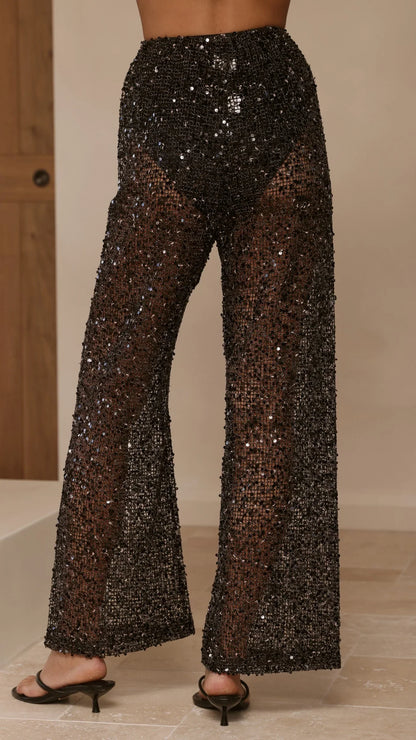 Zarina Sequin Long Line Top and Pants Set Black