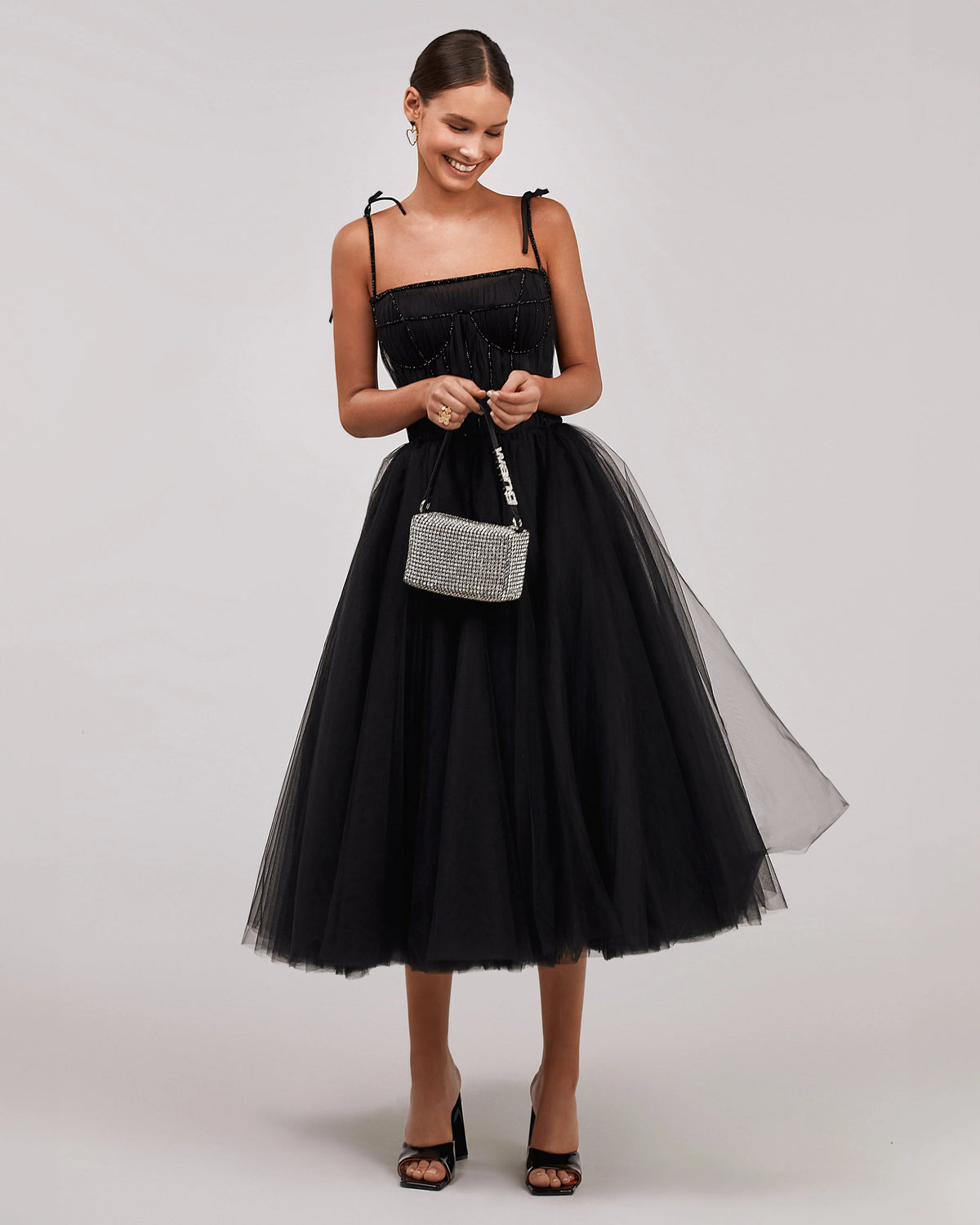 Black Tie strap cocktail dress with the elegant corset embroidery
