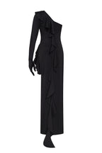 One shoulder ruffle trimmed maxi dress in black Xo Xo
