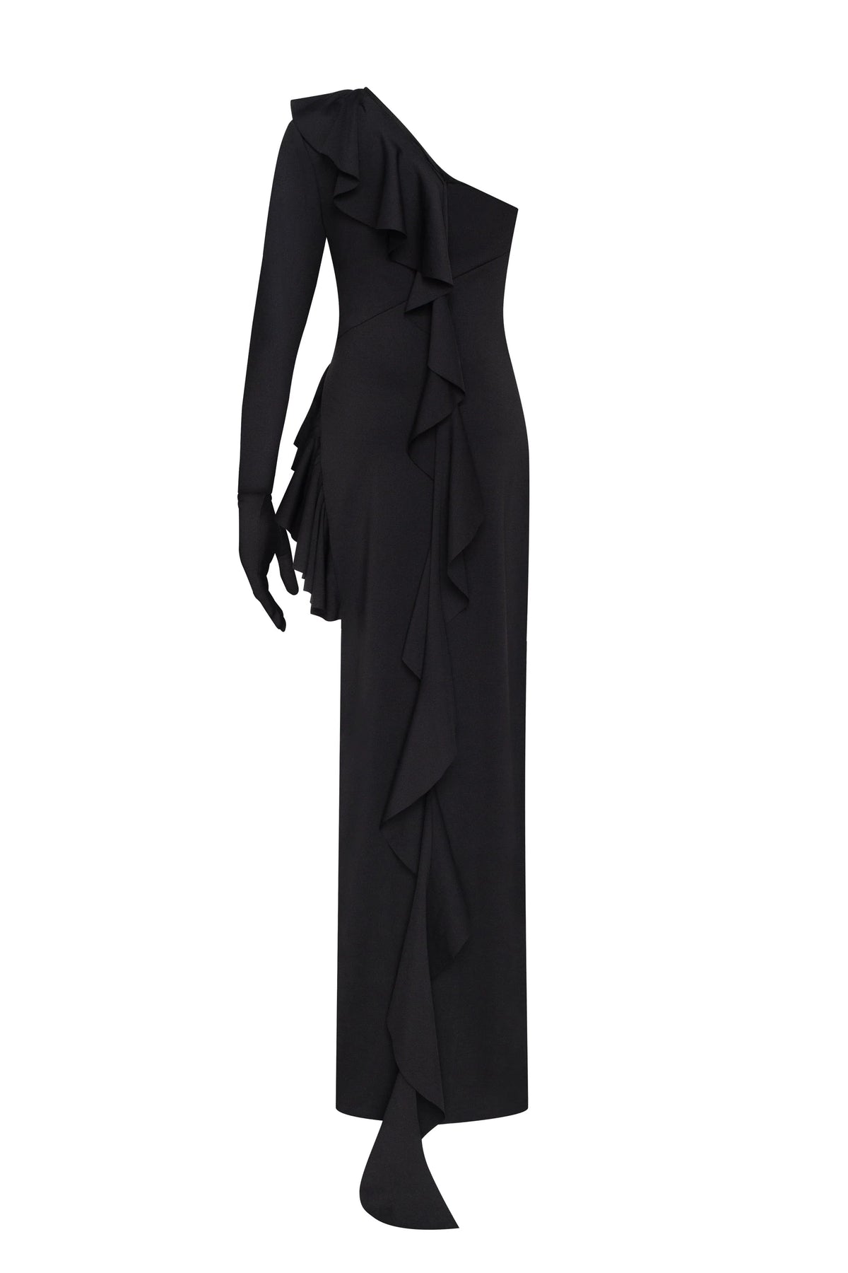 One shoulder ruffle trimmed maxi dress in black Xo Xo