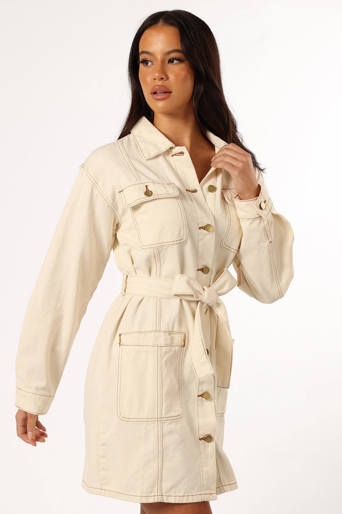 Otto Long Sleeve Mini Denim Dress Sand