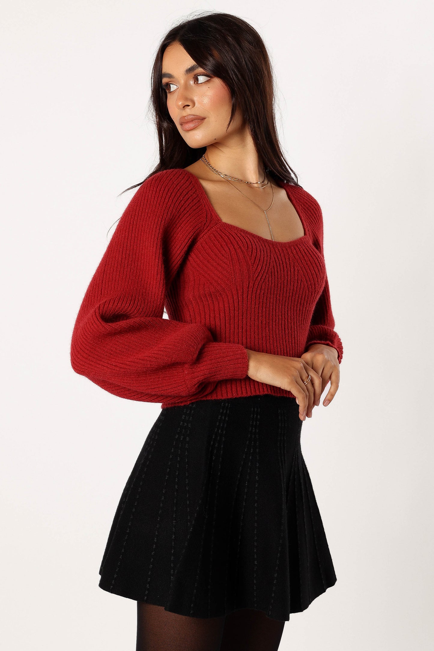 Gia Sweetheart Neck Bell Sleeve Knit Sweater Wine