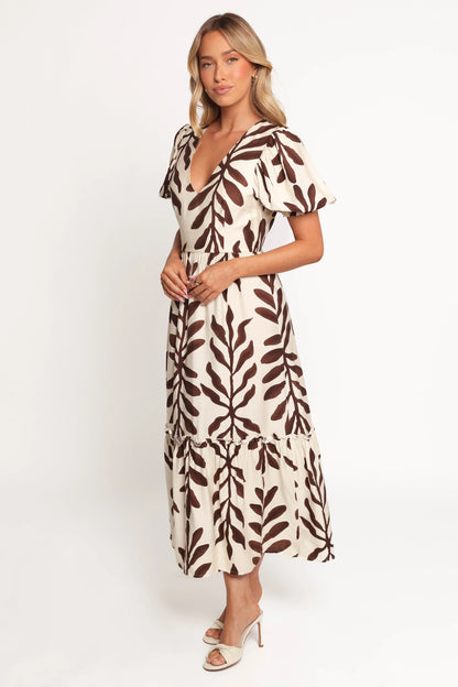 Steele Puff Sleeve Midi Dress Brown Palm
