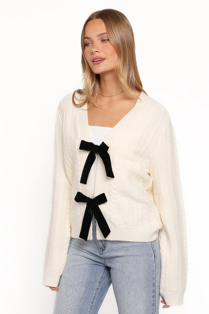 Bree Velvet Bow Cardigan Cream