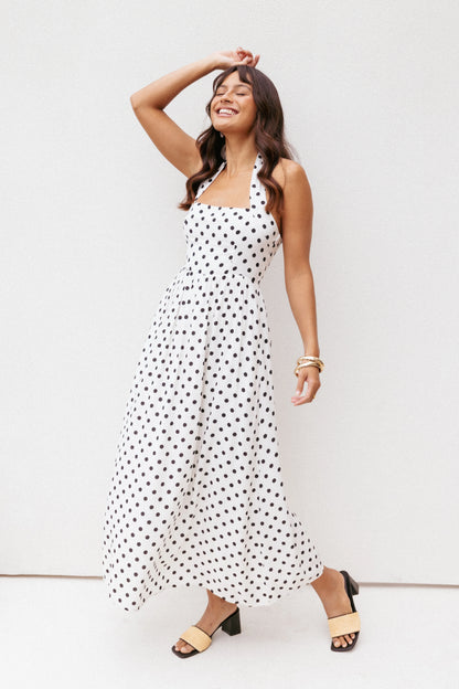 Gemini Halterneck Maxi Dress White Polka Dot