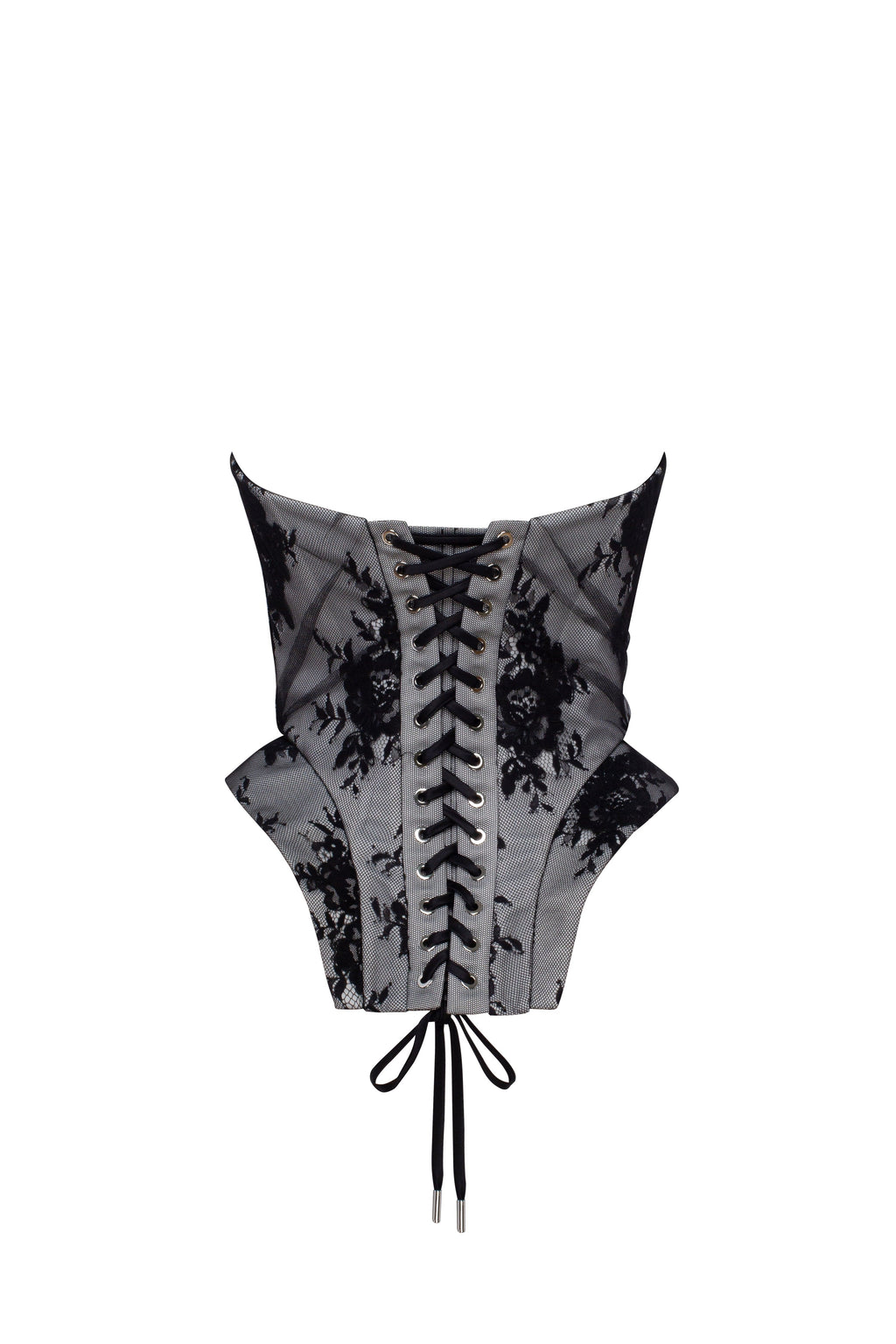 Black lace over the white mesh peplum corset with an oversized bow Parisienne