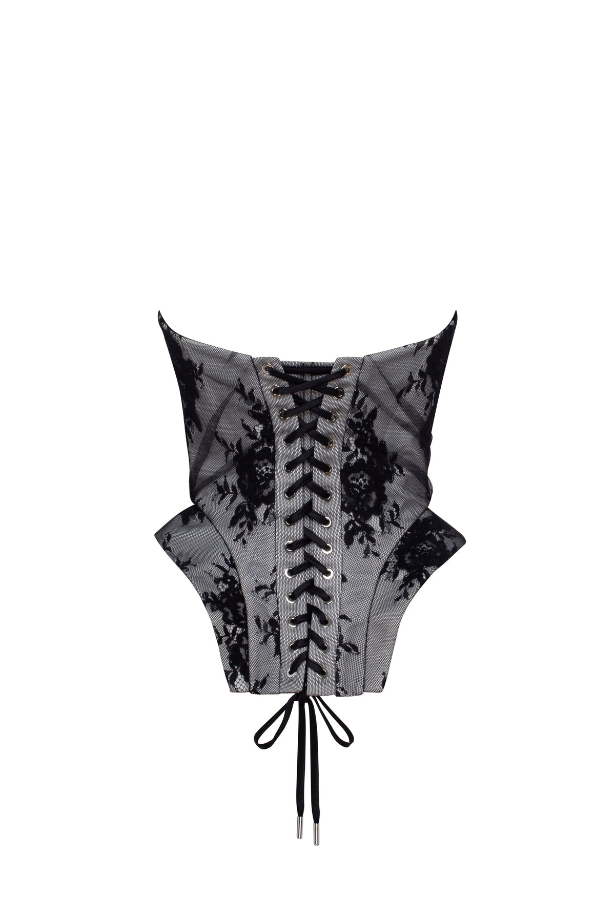 Black lace over the white mesh peplum corset with an oversized bow Parisienne