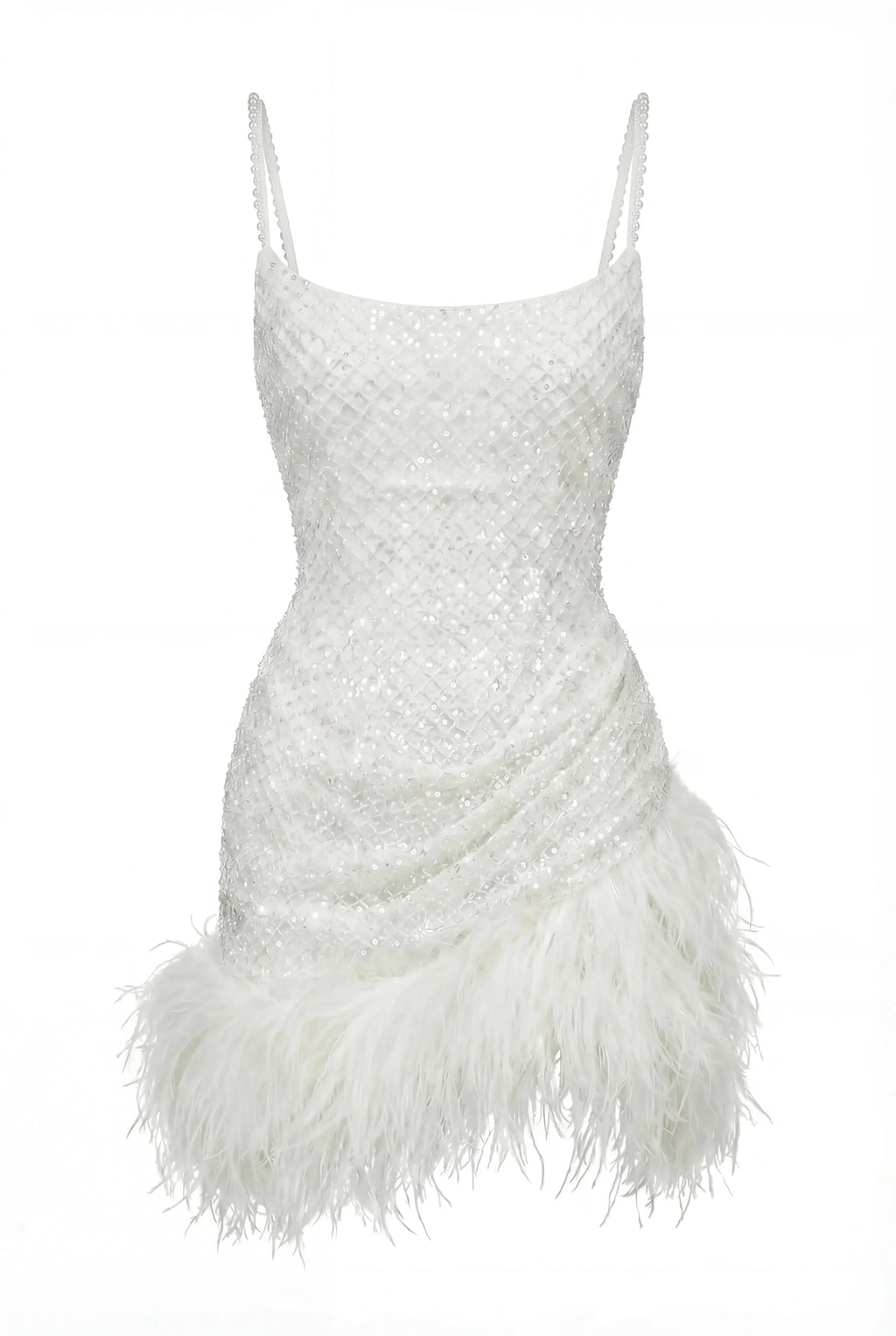 Corset Mini Ivory Dress with Pearls and Feathers