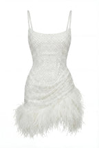 Corset Mini Ivory Dress with Pearls and Feathers