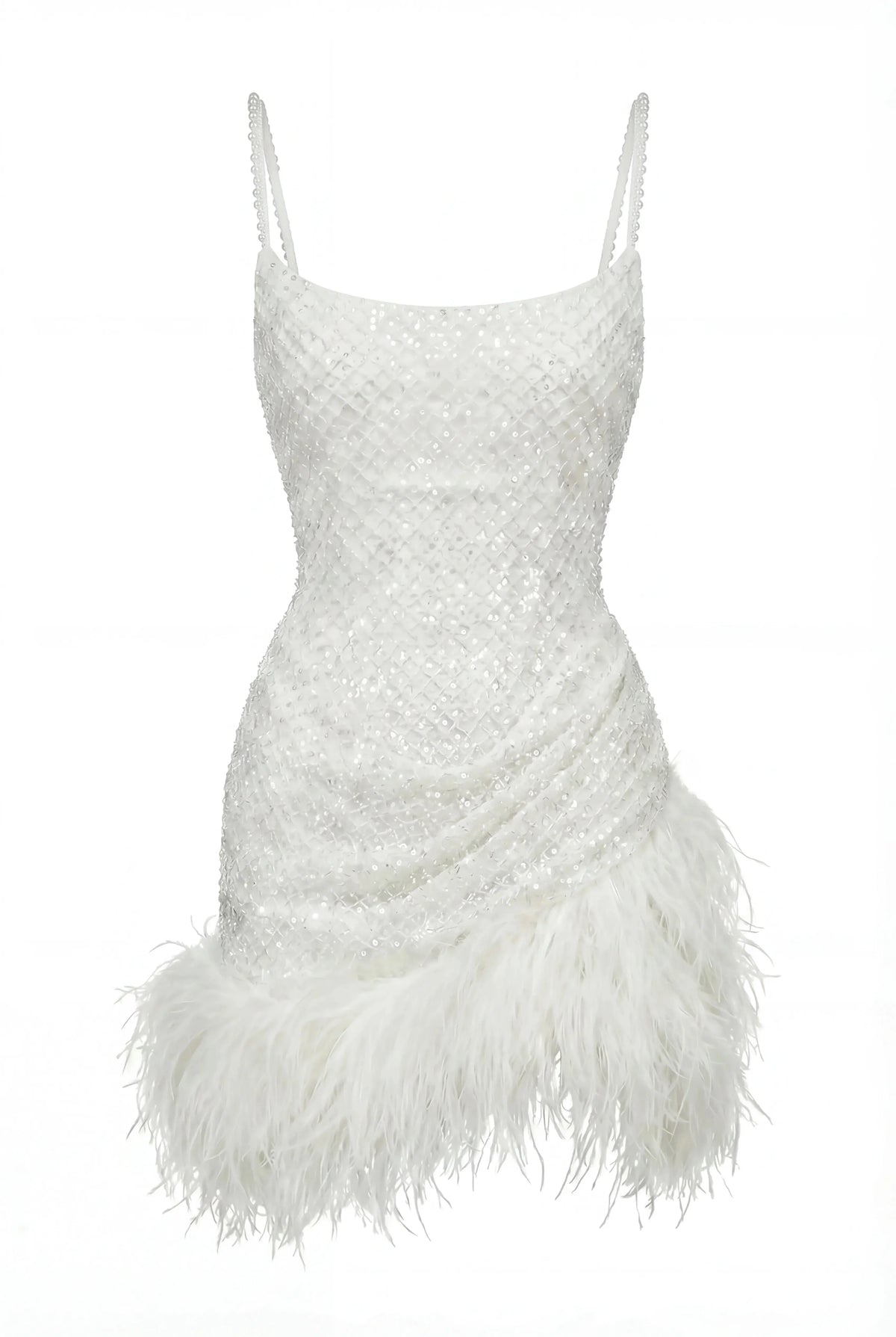 Corset Mini Ivory Dress with Pearls and Feathers