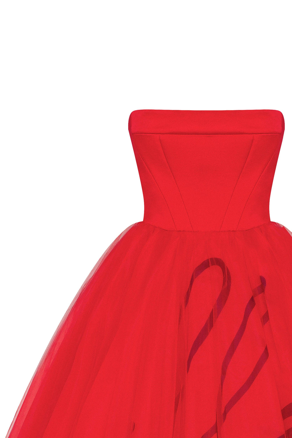 Dramatic red organza dress adorned with Millas signature and black gloves Xo Xo