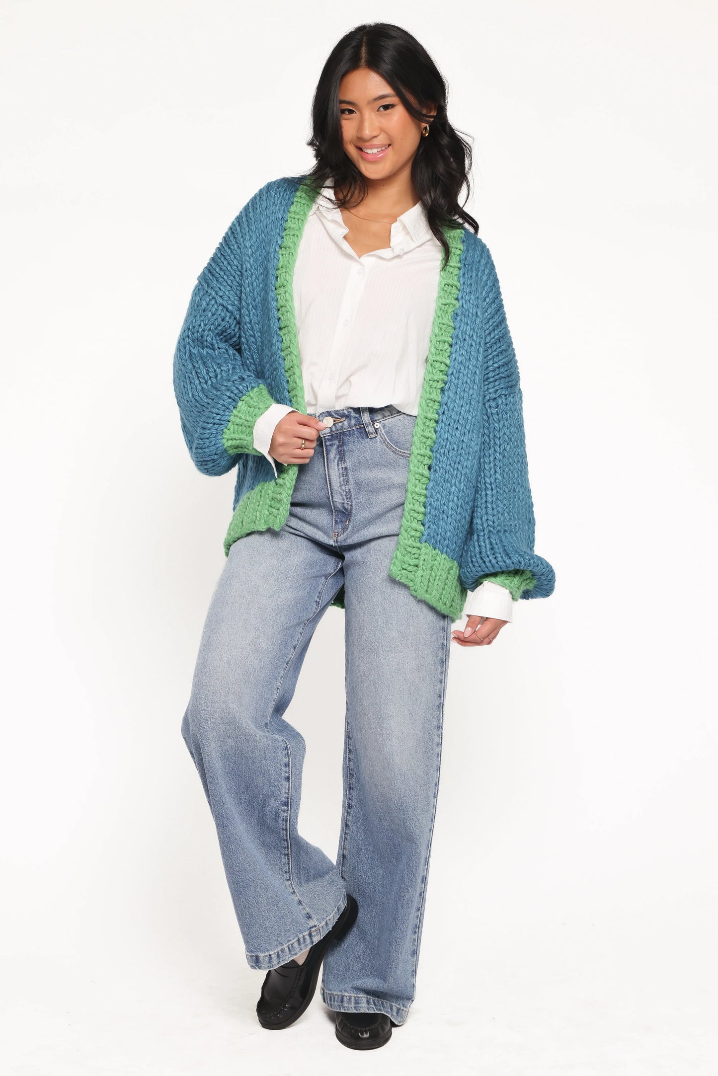 Anige Contrast Trim Cardigan Blue Green