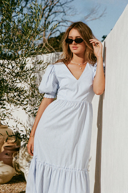 Steele Puff Sleeve Midi Dress Blue Stripe
