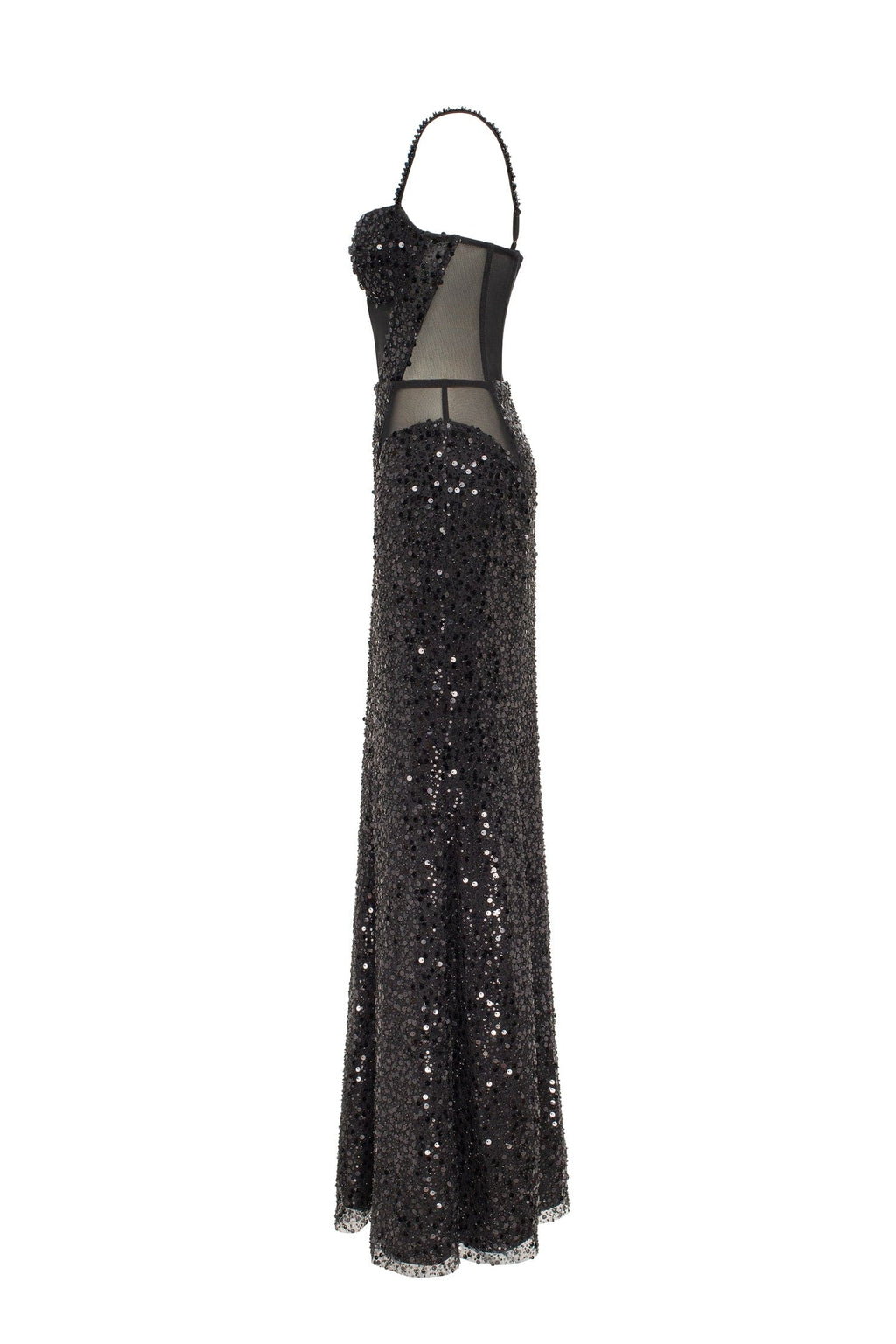 Sensational black maxi on spaghetti straps covered in sequins Smoky Quartz