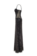Sensational black maxi on spaghetti straps covered in sequins Smoky Quartz