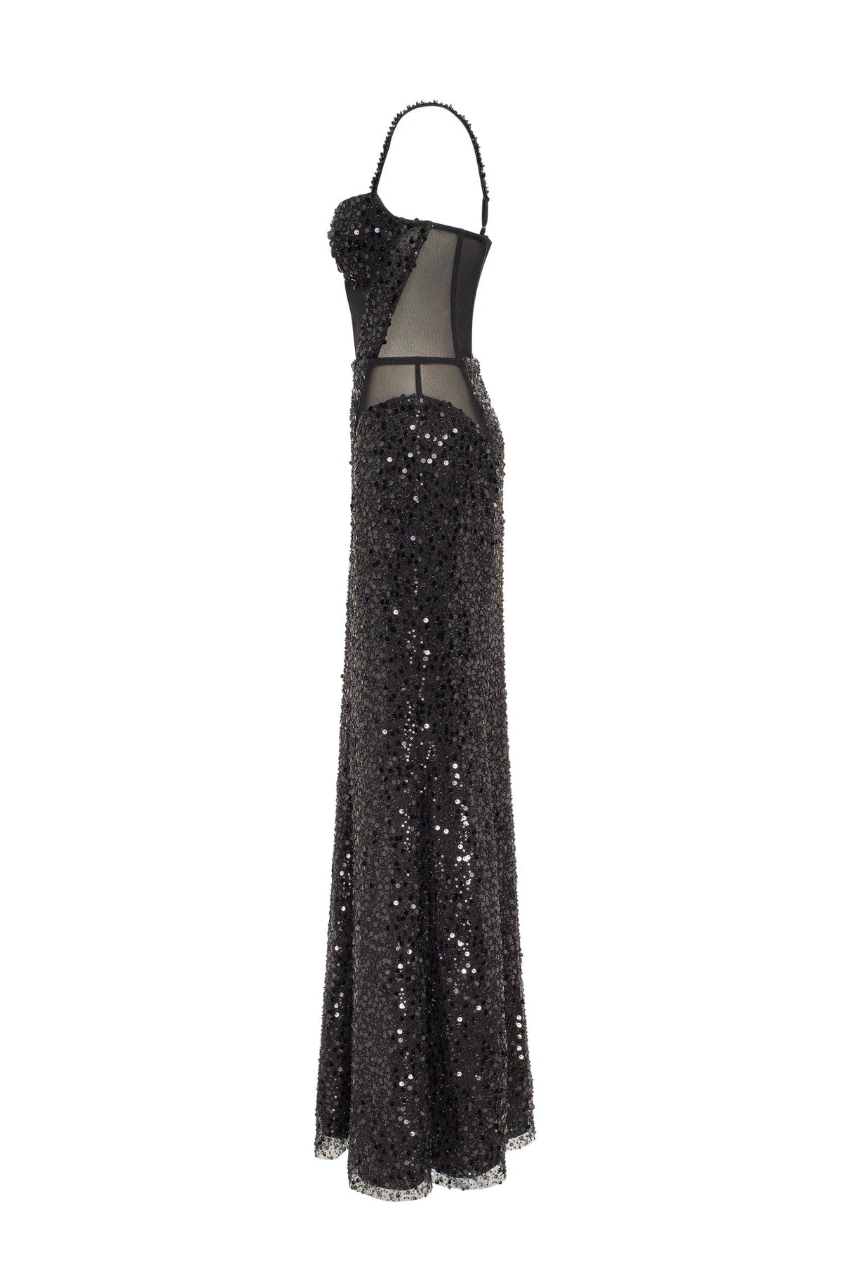 Sensational black maxi on spaghetti straps covered in sequins Smoky Quartz