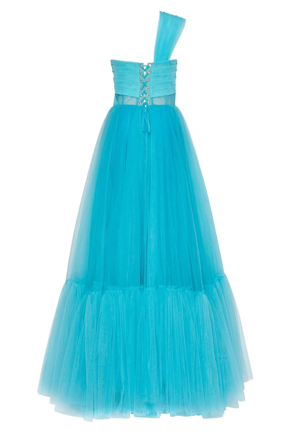 Aquamarine ball gown with one shoulder wrap top