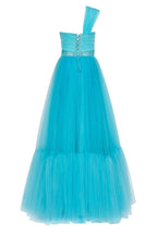 Aquamarine ball gown with one shoulder wrap top